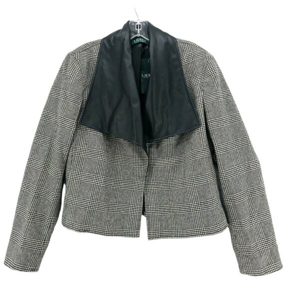NWT LRL RALPH LAUREN Wool Blend Houndstooth Open Jacket Faux Leather Trim LARGE